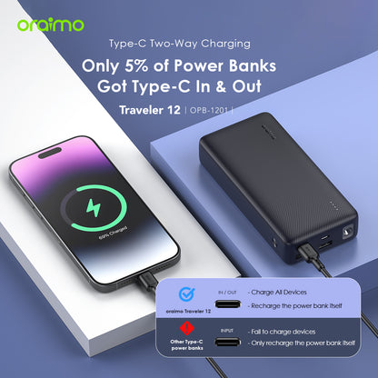 oraimo Traveler 12 20000mAh 12W Fast Charge Type-C 2-Way Power Bank