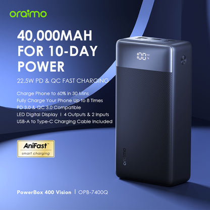 oraimo PowerBox 400 Vision 22.5W PD QC 3.0 Ultra-high Capacity 40000mAh Power Bank