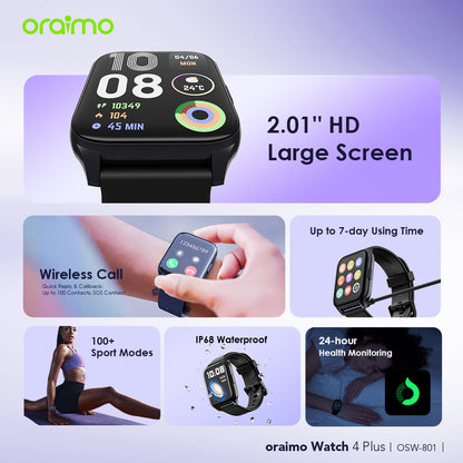 oraimo Watch 4 Plus BT Call 2.01'' HD Large Screen Smart Watch